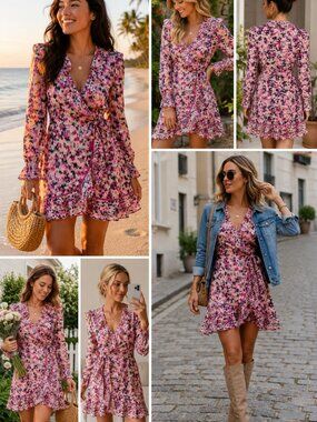 Rococo Sand Pink Floral Ruffle Wrap Mini Dress Cotton Long Sleeve Medium‎